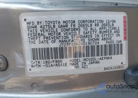 1999 Toyota Camry Le V6 z USA, uszkodzony, nr VIN JT2BF28K2X0180724